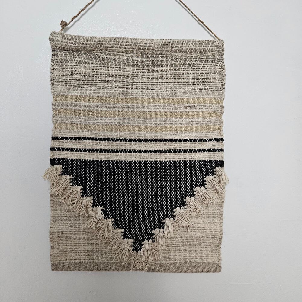 Threshold Tonal Hand Woven Wall Hanging Art Black Gold Beige Fringe